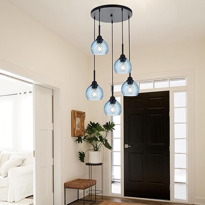5 Light Cluster Pendant Lighting with Striped Swirl Globe Glass Blue Pendant Light for Kitchen Island, Modern Dining Room Light Fixtures Over Table Hanging Ceiling Light, E26 Base