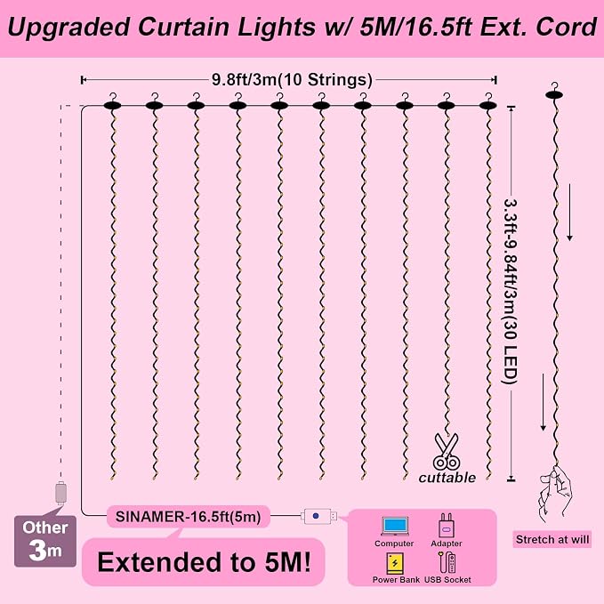 Pink Curtain Light for Bedroom, 300 LED 9.8ft x 9.8ft Window Fairy Curtain String Light with 16 Hooks, 8 Models Remote Control for Wedding Party Home Garden Indoor Decorations
