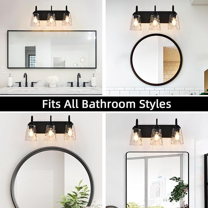 3-Light Bathroom Light Fixtures, Coastal Vanity Lights with Crystal Glass Shade, Black Bathroom Wall Lamp for Mirror Kitchen Hallway Bedroom