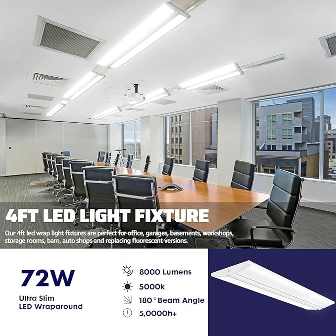 AntLux 72W 4FT LED Wraparound Office Light, Ultra Slim LED Garage Shop Lights Flush Mount, 8000 Lumens, 5000K, No Glare, 4 Foot Wrap Puff Ceiling Lighting Fixture, Fluorescent Tube Replacement, 4 Pack