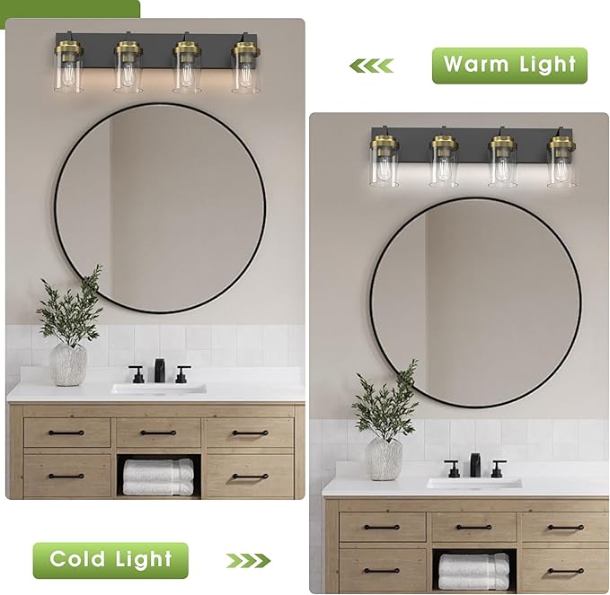 Espird Bathroom Lighting Fixtures, 4-Light Bathroom Vanity Lights Over Mirror, Black and Gold Vanity Light with Glass Shade, Modern Vanity Lighting Fixtures for Bathroom, Bedroom, Hallway