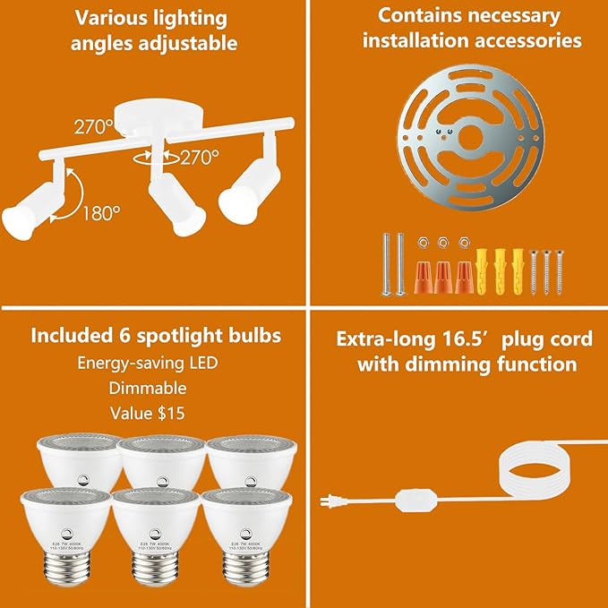 Dimmable 6 Light White Plug in Track Light White Plug in Ceiling Lighting Fixture with 16.4' Long Cord,6 Way Ceiling Spotlight,Rotatable Wall Mount Light Head,LED dimmable Spot Bulbs Included
