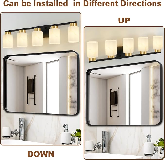 5-Light Bathroom Light Fixtures, Modern Vanity Lights, Black and Gold Metal Wall Lamp with White Marble Glass for Bathroom, Mirror, Living Room, Bedroom, Cabinet, Porch, Hallway, E26 Base