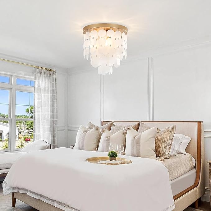Capiz Shell Flush Mount Ceiling Light Fixture, 11.8" Gold Modern Chandelier for Bedroom, Living Room, Bathroom, Kitchen, Dining Room, Hallway, Entryway, Nursery, Closet Dimmable Coastal Lighting