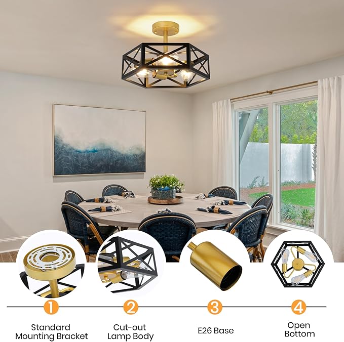 Farmhouse Light Fixtures Ceiling Mount 3-Light E26 Black Gold Semi Flush Mount Ceiling Light Fixture, Industrial Rustic Close to Ceiling Hallway Lights for Bathroom Entryway Kitchen