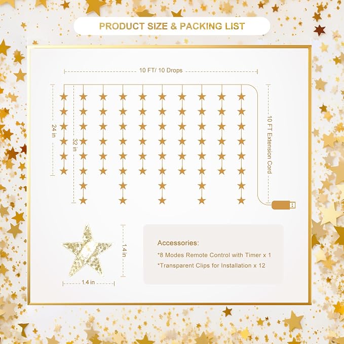Star Curtain Lights, Warm White Window Lights 70 Stars Hanging Light with Remote Fairy Led Twinkle String Lights Home Bedroom Wall Ceiling Décor for Christmas, Wedding, Party, Birthday