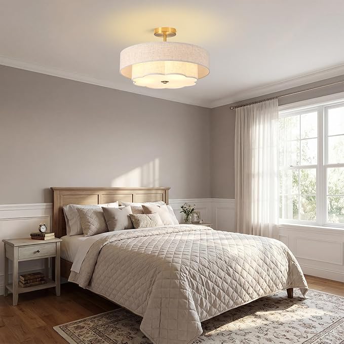 3-Light Drum Semi Flush Mount Ceiling Light, 17.7" Modern White Drum Ceiling Lighting Fixture,Vintage 2-Layer Linen Ceiling Lamp for Dining Room,Kitchen, Basement, Bedroom, Laundry Room