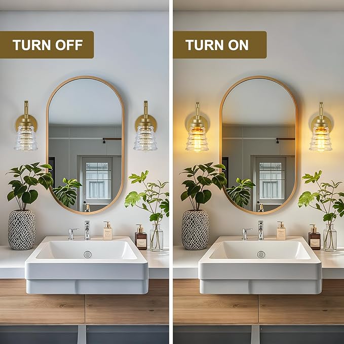 Gold Bathroom Wall Sconce, Brass Sconces Wall Lighting with Clear Glass Shade, Modern Wall Light Fixture for Bedroom Hallway Mirror