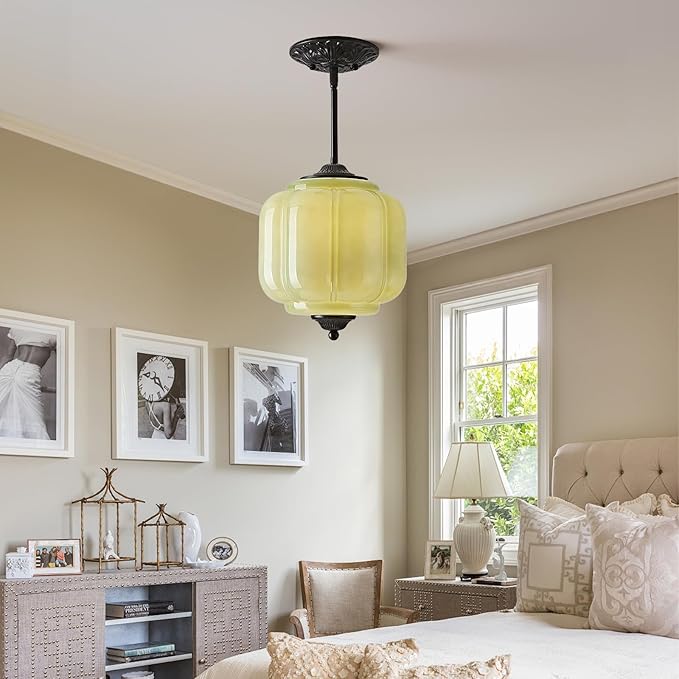 Milk Glass Pendant Light, 9 Inch Green 3 Color Adjustable Mid-Century Ceiling Light Fixture Schoolhouse Hanging Lamp Chandelier for Kitchen Dining Room Hallway Bedroom (Bulbs Included)