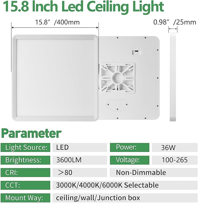 16 Inch Square LED Flush Mount Ceiling Light, 36W 3600LM, 3000K/4000K/6000K CCT Selectable,White Super Slim Low Profile Ceiling Light Firxtue for Bedroom/Kitchen/Living room/Dinning room/Hallway