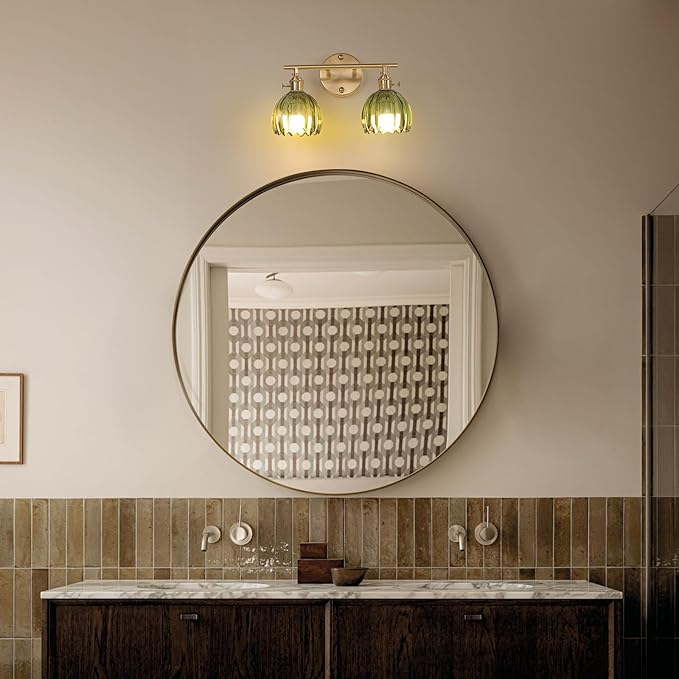 Shenmoyl Battery Operated Bathroom Light Fixtures, 2-Light Brass Vanity wall Light with 5000mAh Rechargeable Bulb Over Mirror with Green Tulip Glass Shade for Bedroom Living Room