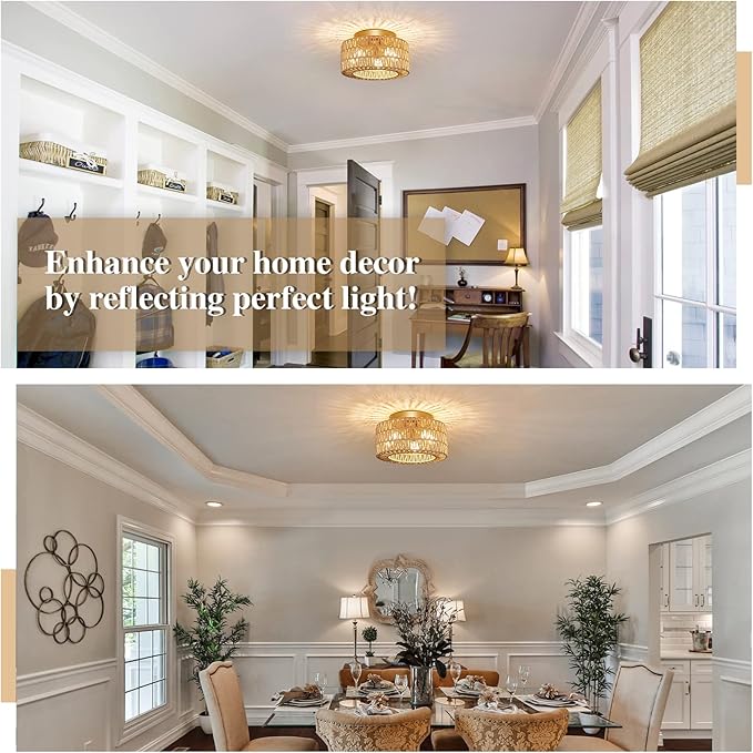 Rattan Light Fixtures Ceiling Mount, 3-Lights Boho Flush Mount Ceiling Light, Hand-Woven Cage Shade Lamp Lighting, Rustic Rattan Chandelier for Hallway Bedroom Kitchen Farmhouse Foyer Entryway (Gold)