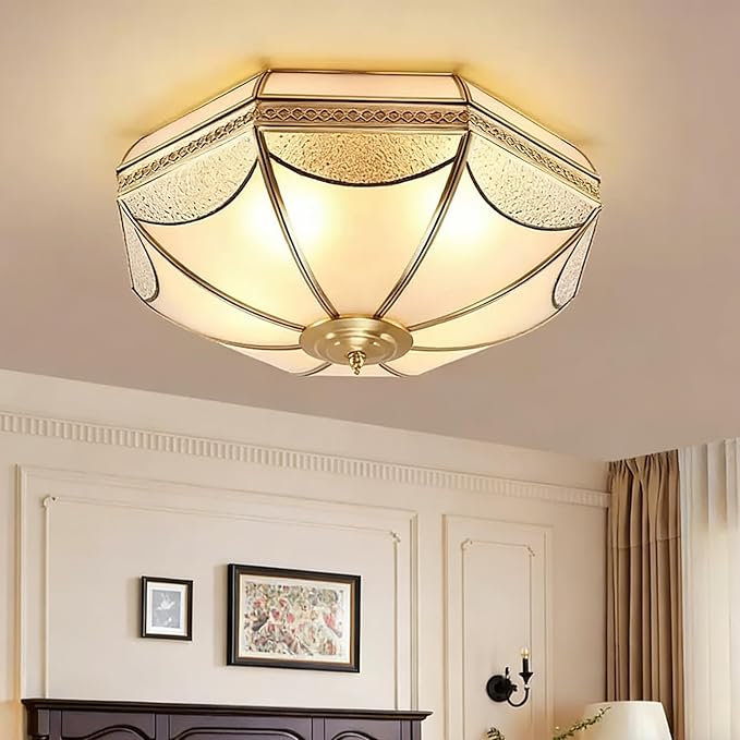 MIXL-Mid Century Modern Brushed Gold Ceiling Light Fixtures,6-Lights Brass Ceiling Lighting with Glass Shade,3-Colors Dimmable Dining Light Fixture, Art Deco Ceiling Lights for Bedroom Study Room
