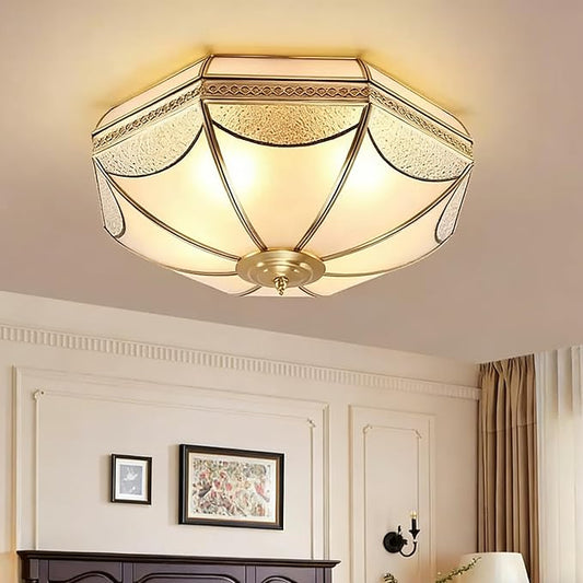 MIXL-Mid Century Modern Brushed Gold Ceiling Light Fixtures,6-Lights Brass Ceiling Lighting with Glass Shade,3-Colors Dimmable Dining Light Fixture, Art Deco Ceiling Lights for Bedroom Study Room