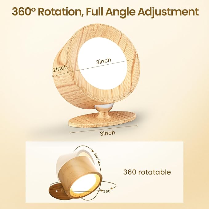 LED Wall Mounted Lamps, Battery Operated Rechargeable Wall Lights, 3CCT & Dimmable, 360°Rotation with Magnetic Ball, Cordless Wall Sconces for Picture Bedside Bedroom Reading, Wood-2 Pack