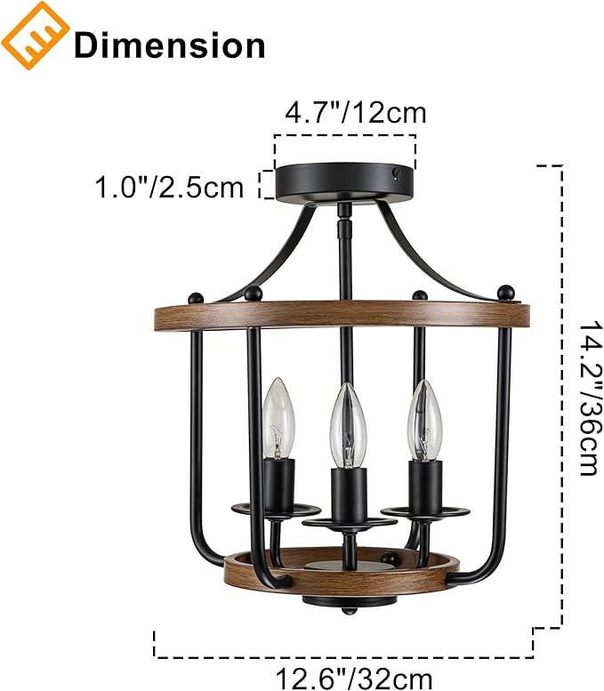 Farmhouse Semi Flush Mount Ceiling Light Fixtures, Industrial Rustic Ceiling Lamp Metal Cage Hallway Light Fixtures(3-Light Wood Finish)