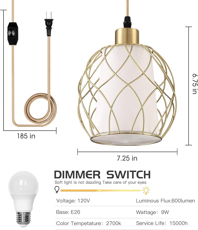 Ruzectt Plug in Pendant Light, Gold Hanging Lamp with Dimmable Switch, 15 ft Golden Cotton Cord, Hanging Light Fixture for Kitchen, Living Room, Bedroom (Bulb Included)