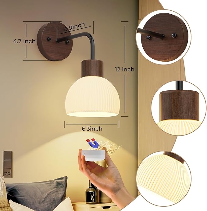 Glass Battery Operated Wall Sconces Set of 2, Rechargeable Wall Lamp with Remote, 12 Colors Dimmable Wireless Sconces Wall Decor Set of 2 with Timer for Bedroom Living Room (Walnut, 2 Pack)