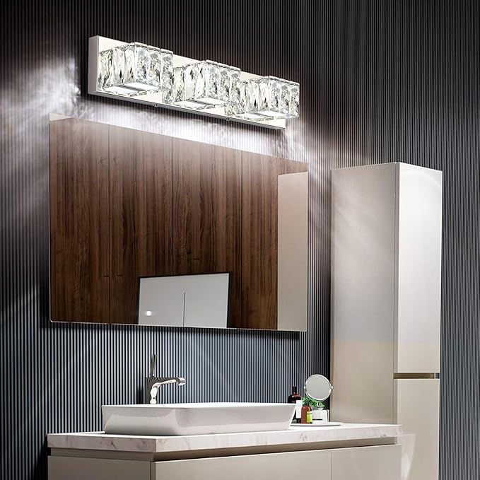 ZUZITO Modern Bathroom Vanity Lights - Crystal 3 Light Vanity Lighting Fixtures - Chrome Bathroom LED Light Fixture Over Mirror 6000K Cool White Light
