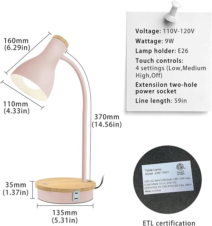 LALISU Metal Desk Lamp Wireless Charging Table Lamp Touch Reading Lights Arc Desk Lamps for Bedroom, 3 Way Dimmable Bedside Lamp with USB Charging Ports Lamp for Study Room and Office (Touch-Pink)