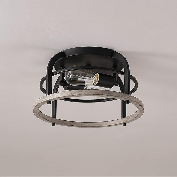 GLOBE Electric 65888 Shilah 2-Light Flush Mount Ceiling Light, Matte Black, Faux Wood Accents