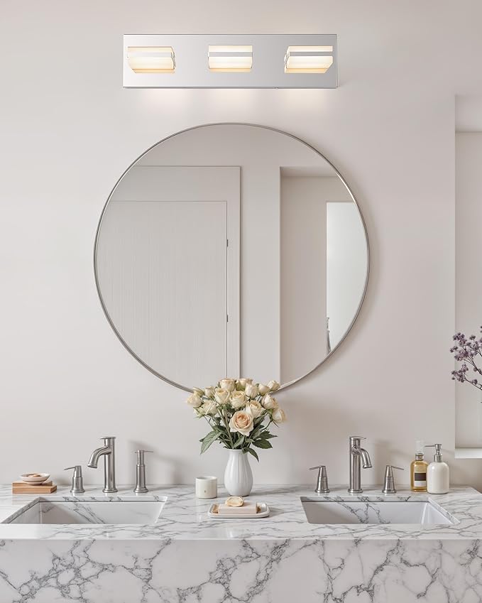 VONLUCE Bathroom Vanity Light Fixture, 3-Light Modern LED Vanity Lights, 3CCT Adjustable Bathroom Light with Memory Function Rotatable Shades, 18" Wall Lighting Fixture Over Mirror, Chrome