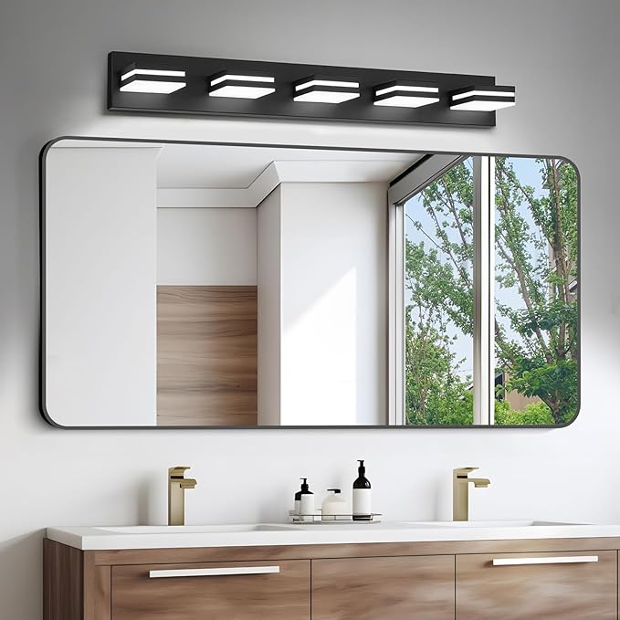 IZORRO LED Modern Bathroom Lights Fixtures(5-Light,Dimmable,360°Rotate),Matte Black Acrylic Wall Lighting,Vanity Lights for Bathroom Over Mirror - 6000k 30In （No Assembly Required）