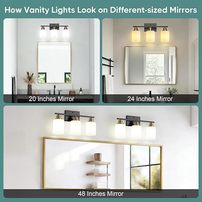Ascher Bathroom Light Fixtures, 3-Light Vanity Light Over Mirror, Black and Gold Wall Sconces with Milky White Frosted Glass Shades, Wall Lamp for Living Room Bedroom, E26 Base(Bulbs Not Included)