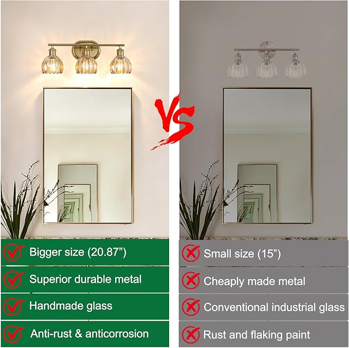 Gold Bathroom Light Fixture, 3-Light Bathroom Vanity Light Over Mirror with Ribbed Amber Tulip Glass Shade, Brass Wall Scone Lighting for Farmhouse, Bedroom,Living Room,Hallway