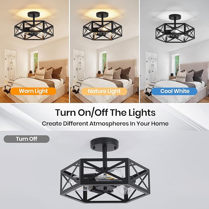 Farmhouse Light Fixtures Ceiling Mount, 3-Light Black Semi Flush Mount Ceiling Light Fixture, Close to Ceiling Hallway Lights, Industrial Rustic Ceiling Lights for Bathroom, Entryway, Kitchen