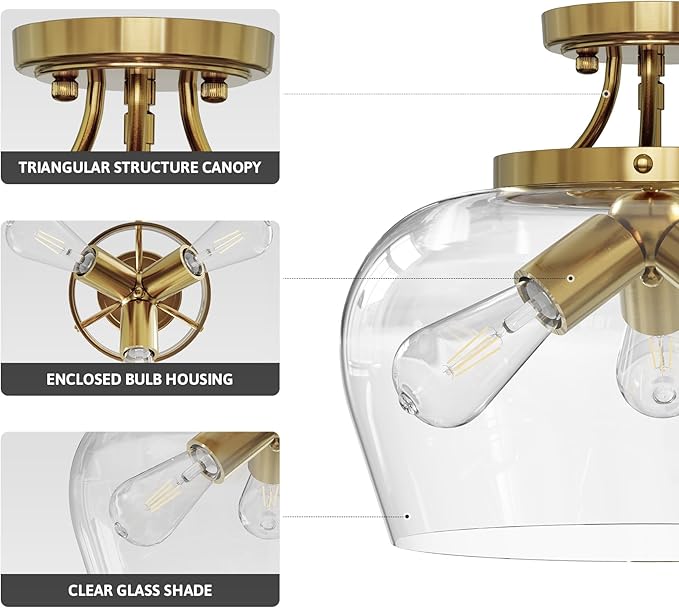 VONLUCE Semi Flush Mount Ceiling Light, 13.8" Ceiling Light Fixture with Clear Glass Shade, E26 Base, 3-Bulb Industrial Lighting Fixture for Hallway Entryway Bedroom, Brushed Gold, ETL Certificated