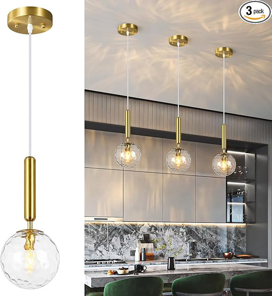 Modern Gold Pendant Light Hanging Fixture Light for Kitchen Island Mid Century with Globe Pendant Light Clear Glass Pendant Lighting for Living Room Bedroom Entryway (3 Pack)