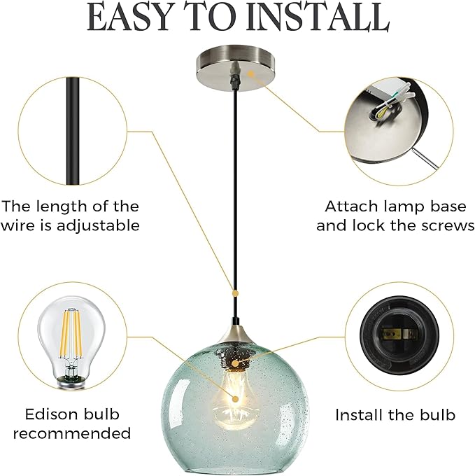 7.1in Medium Light Green Glass Pendant Light for Kitchen Island, 3-Pack with Extra LED Bulbs & 4.92ft Adjustable Cord | Modern Minimalist Lighting for Dining Room, Living Room, Entryway