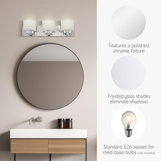 Design House 587469 Dove Creek 3-Light Vanity Light, Polished Chrome Finish, Frosted Glass Shades, Dimmable, Bathroom Wall Fixture