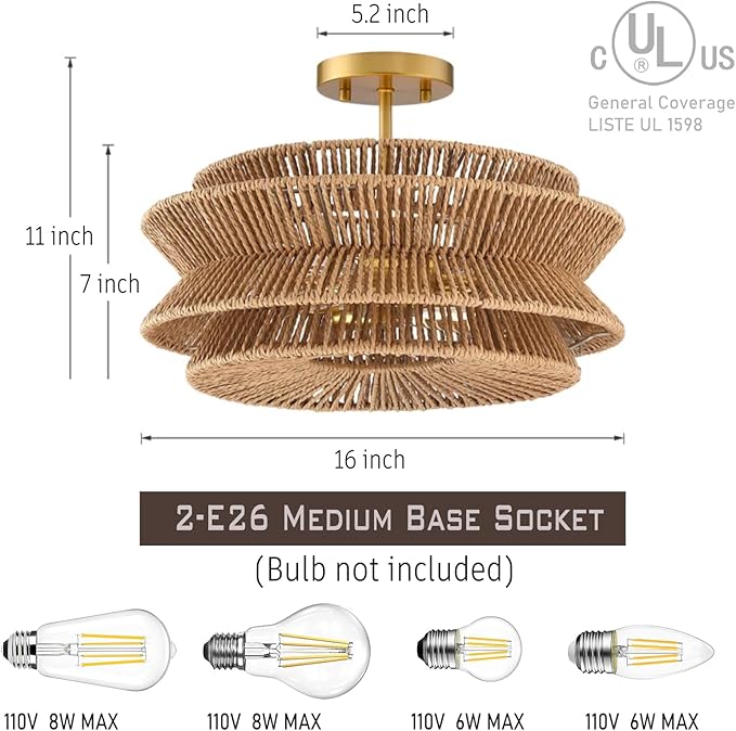Boho 16''Coastal Rattan Semi Flush Mount Ceiling Light Farmhouse Rattan Ceiling Light Gold Nursery Ceiling Lights for Bedroom Kitchen Entryway Hallway(E26 Base)