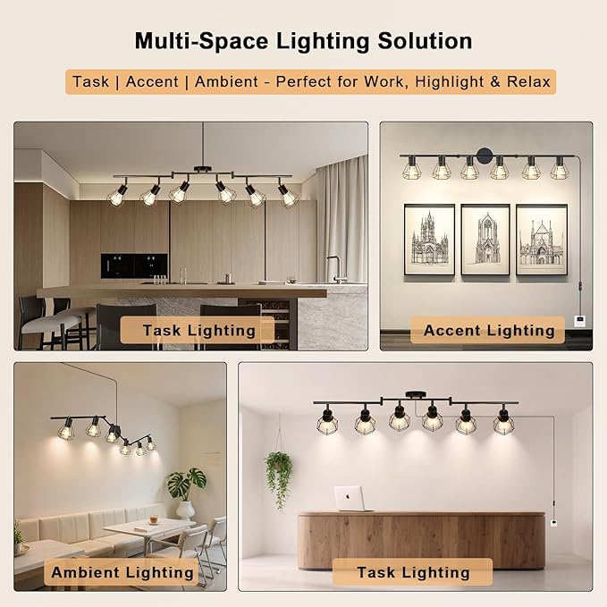 HiBay Plug in Track Lighting, 6-Light Rotatable Ceiling Light Fixture Black, Industrial Plug-in Track Lights with 16.4Ft Power Cord and in-Line On/Off Rocker Switch for Kitchen Living Room Office