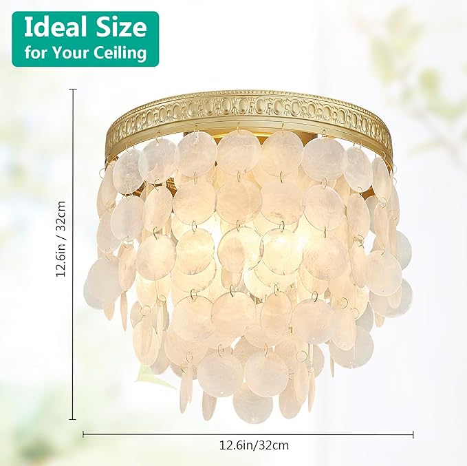 Modern Capiz Shell Ceiling Light, Costal Design, Close to Ceiling Light Fixture for Dining Room, Living Room, Bedroom, Hallway, Foyer, Gold Finish Frame, 3*E12 Socket, D12.6*H12.6 inches