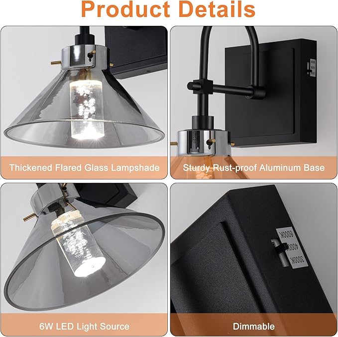 Wall Sconce Hardwired, Modern LED Black Wall Lamp, 6W 3 Color Temperatures 3000K-4000K-6000K, Wall Light Fixture with Smoked Gray Glass Shade for Bathroom Bedroom Living Room