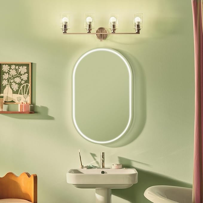Kichler Gioe 32.25 in 4-Light Bathroom Vanity Light Fixture with Clear Fluted Glass in Champagne Bronze, Damp Rated for Mirror, Powder Room (32.25 in W x 10.5 in H), 55227CPZFLU