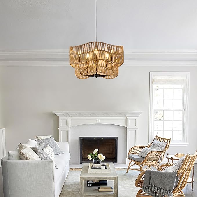19.68" Large Rattan Chandelier, 5-Light Hand Woven Pendant Light Fixture, Farmhouse Boho Chandeliers, Adjustable Wicker Hanging Ceiling Lamp for Kitchen Bedroom Living Room Hallway Foyer