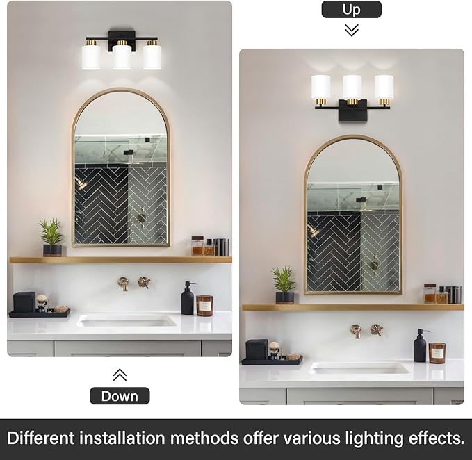 FonmYim Black and Gold Bathroom Light Fixtures, 3-Light Modern Vanity Light Over Mirror, Wall Sconces with Milky White Frosted Glass Shades, E26 Socket (Bulbs Not Included)