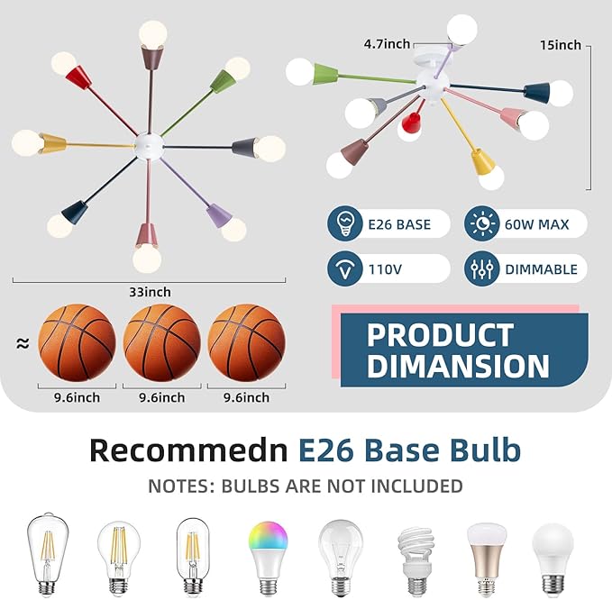 33 Inch Colorful Sputnik Chandelier, 8-Light Kids Ceiling Light Fixture, Modern Semi-Flush Mount Lamp for Children's Bedroom,Playroom, Nursery, Dining Room, Kitchen, Entryway