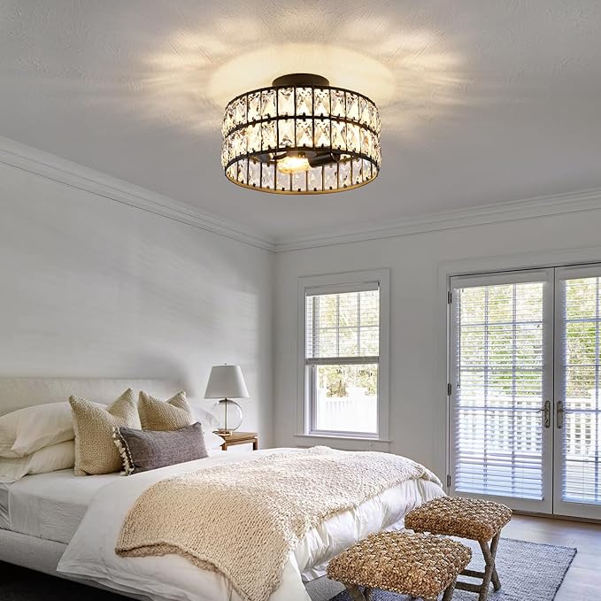 Modern Semi Flush Mount Ceiling Light, Black Ceiling Light Fixtures, 11.8inch 3-Light Crystal Chandelier for Bedroom, Hallway Light Fixture Ceiling Mount for Kitchen