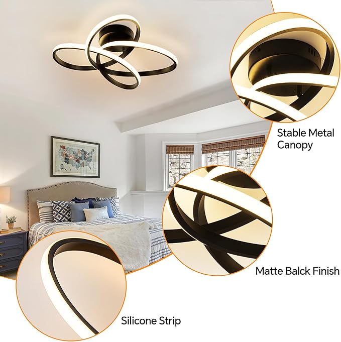 Modern LED Chandelier, 50W LED Ceiling Light with Remote Control, 3000-6000K Color Temperature Changing, Black Chandelier for Bedroom, Entryway, Hallway, Kitchen