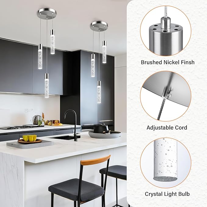 Pendant Lights Kitchen Island, Modern Kitchen Island Lights, Ceiling Lighting Fixtures with Crystal Bubble, Integrated LED Hanging Light Nickel 1 Pack(3-Light)