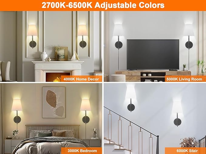 GOODATE 14.1 inch Wall Sconces Set of Two with Remote Control, Dimmable, Adjustable Colors 2700-6500K, Plug in Wall Sconces with White Fabric Shades, Plug in Wall Light, Black