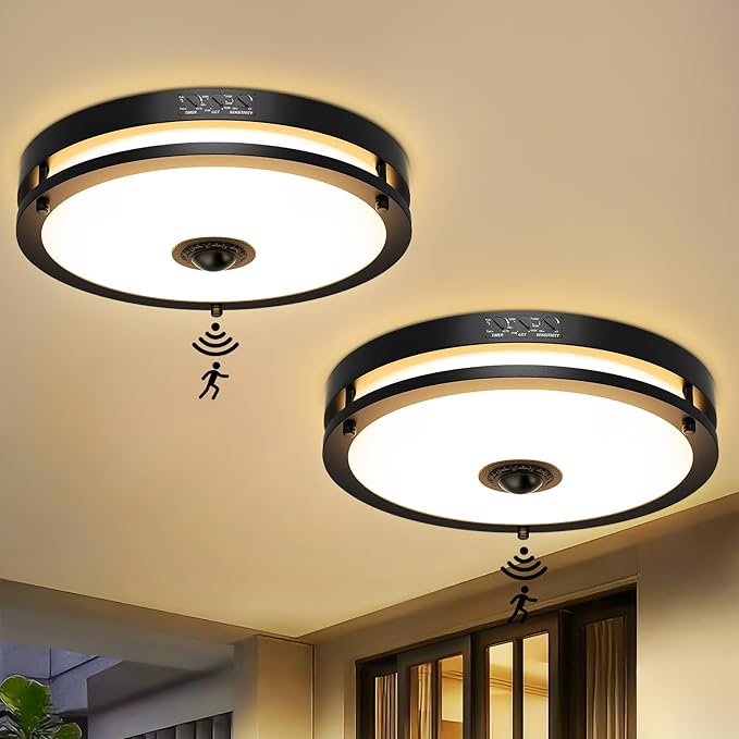 2 Pack 24W LED Motion Sensor Outdoor Ceiling Light, 12IN 2700K/3000K/3500K/4000K/5000K Adjustable Ceiling Lights, Dusk to Dawn Flush Mount LED Ceiling Light Fixture for Porch, Entryway, Garage