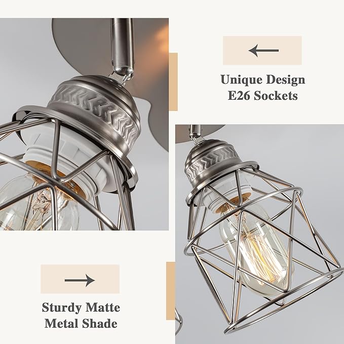 4-Lights Kitchen Light Fixtures Ceiling Mount, Adjustable Multi-Directional Brushed Nickel Flush Mount Ceiling Light, Vintage Metal Cage Farmhouse Lamp for Hallway, Dining Room, Foyer, Entryway