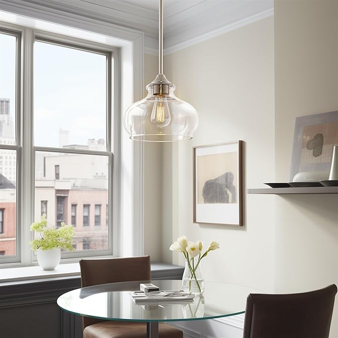 Kira Home Harlow 9" Modern Schoolhouse Pendant Light with Clear Glass Shade, Industrial Farmhouse Silver Hanging Light with Schoolhouse Glass, Brushed Nickel Finish