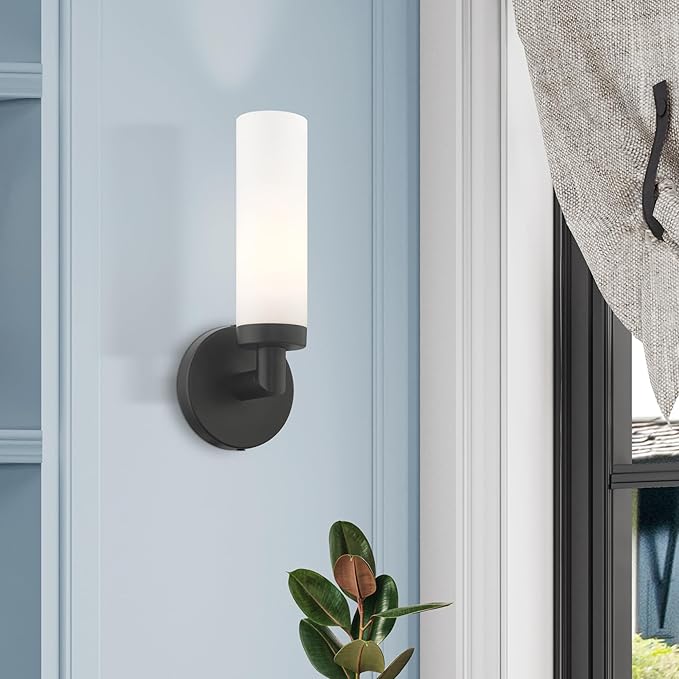 Livex Lighting 10103-04 Aero Collection ADA 1-Light Wall Sconce Light with Satin Opal White Glass Cylinder Shade, Black, 4.25 x 11